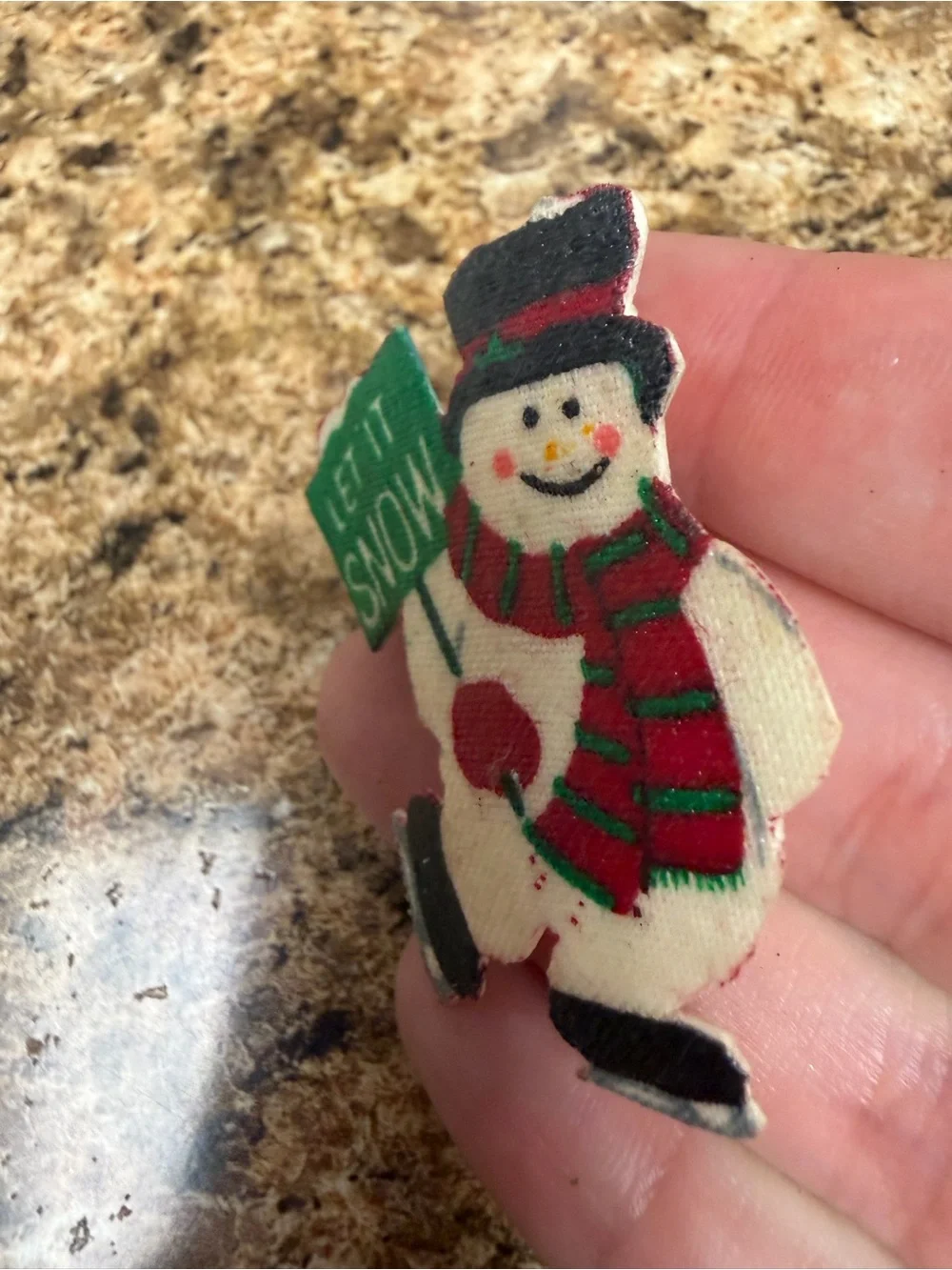 Vintage Snowman Brooch Let It Snow Christmas Pin Fabric Folk Art Holiday Skates